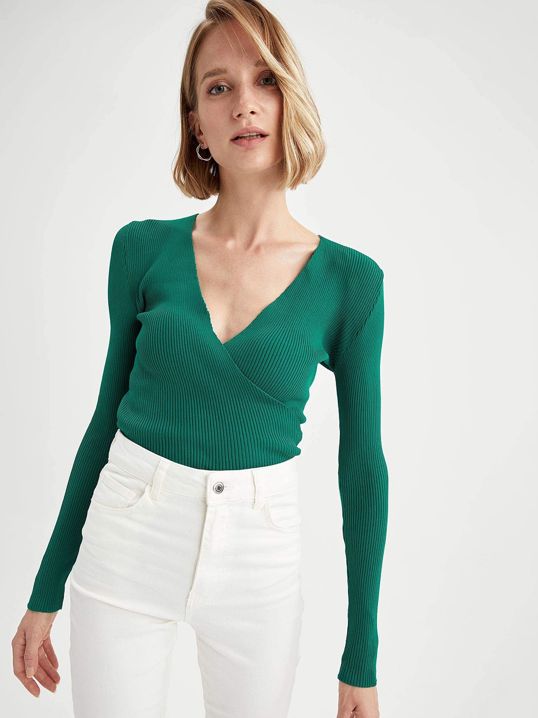

DeFacto Ribbed Wrap Pullover with Back Tie-Up, Green