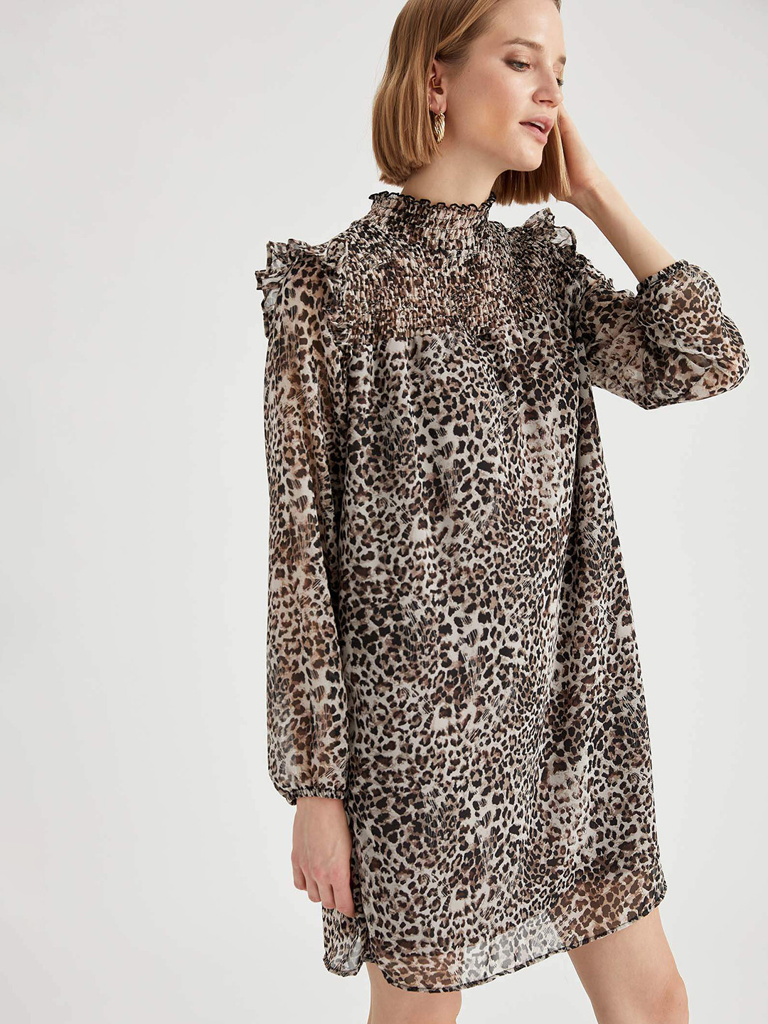 

DeFacto Beige & Beige Animal A-Line Dress