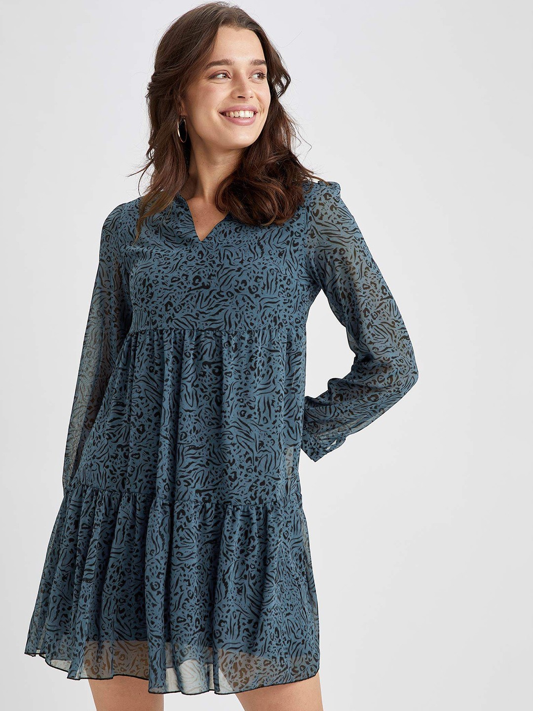 

DeFacto Blue & Black Printed A-Line Tiered Dress