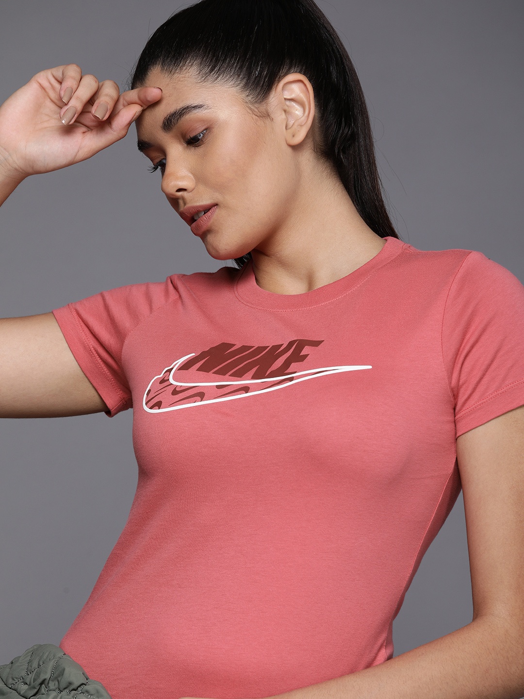 

Nike Women Pink ICON CLASH Printed Round Neck Pure Cotton T-shirt