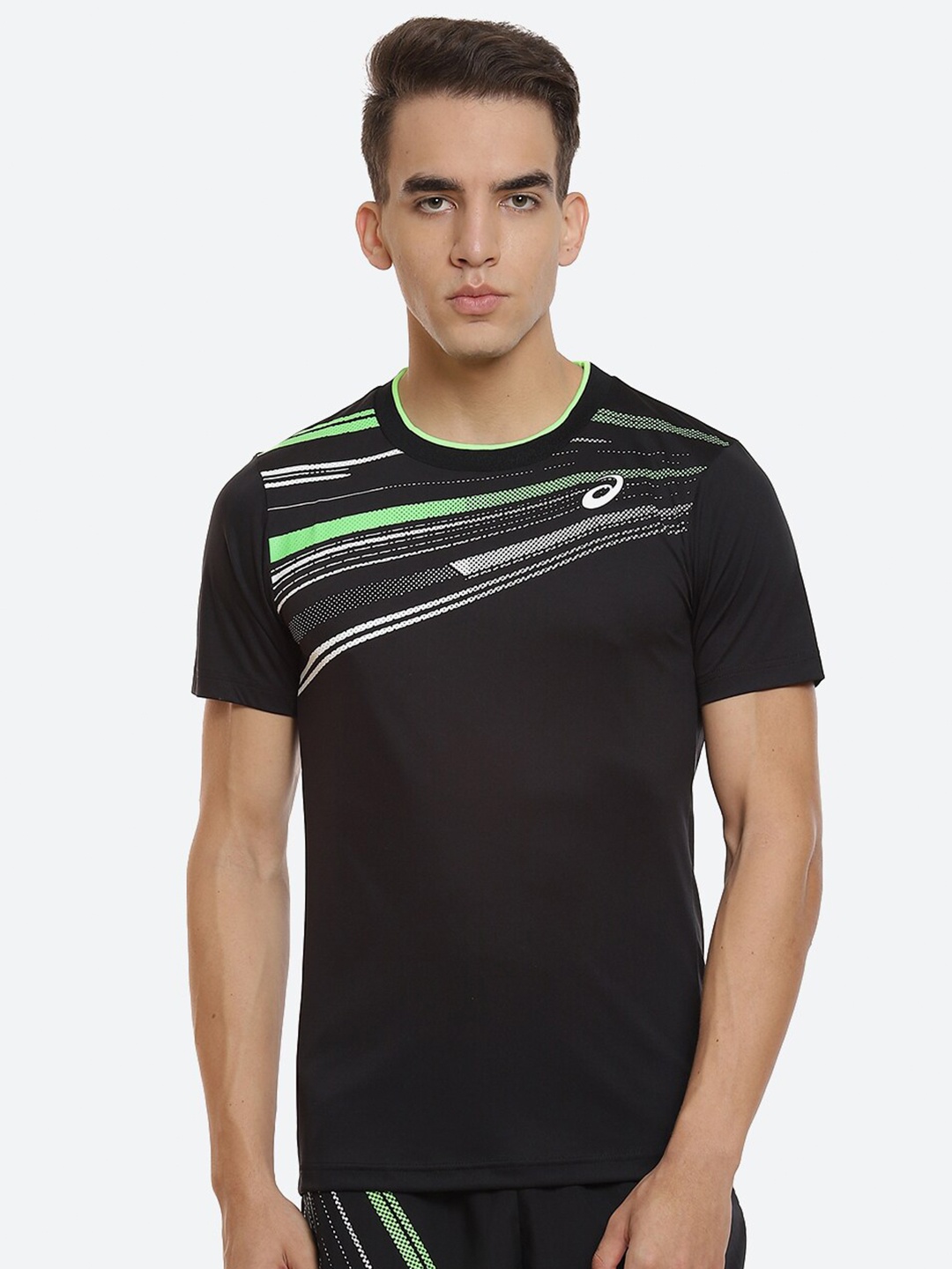 

ASICS Men Black Striped Court Graphic SS Tennis T-shirt