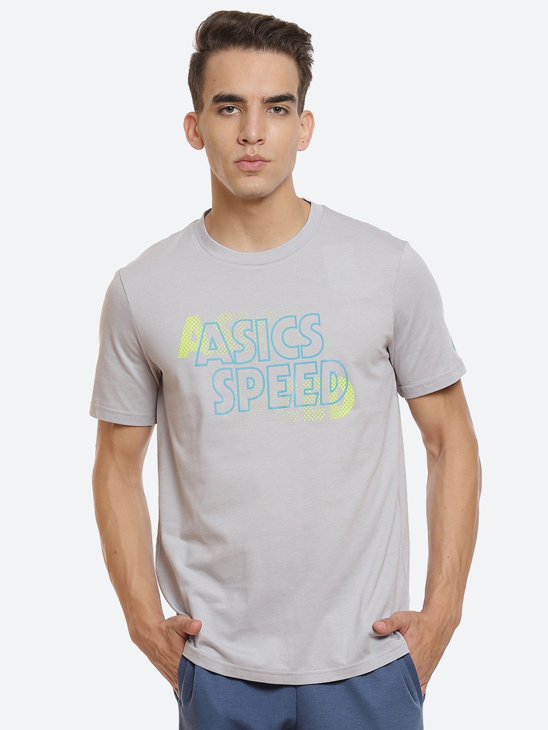 

ASICS Men Grey & Sea Green Typography Training or Gym T-shirt M HERITAGE FRONT GRAPHIC 3