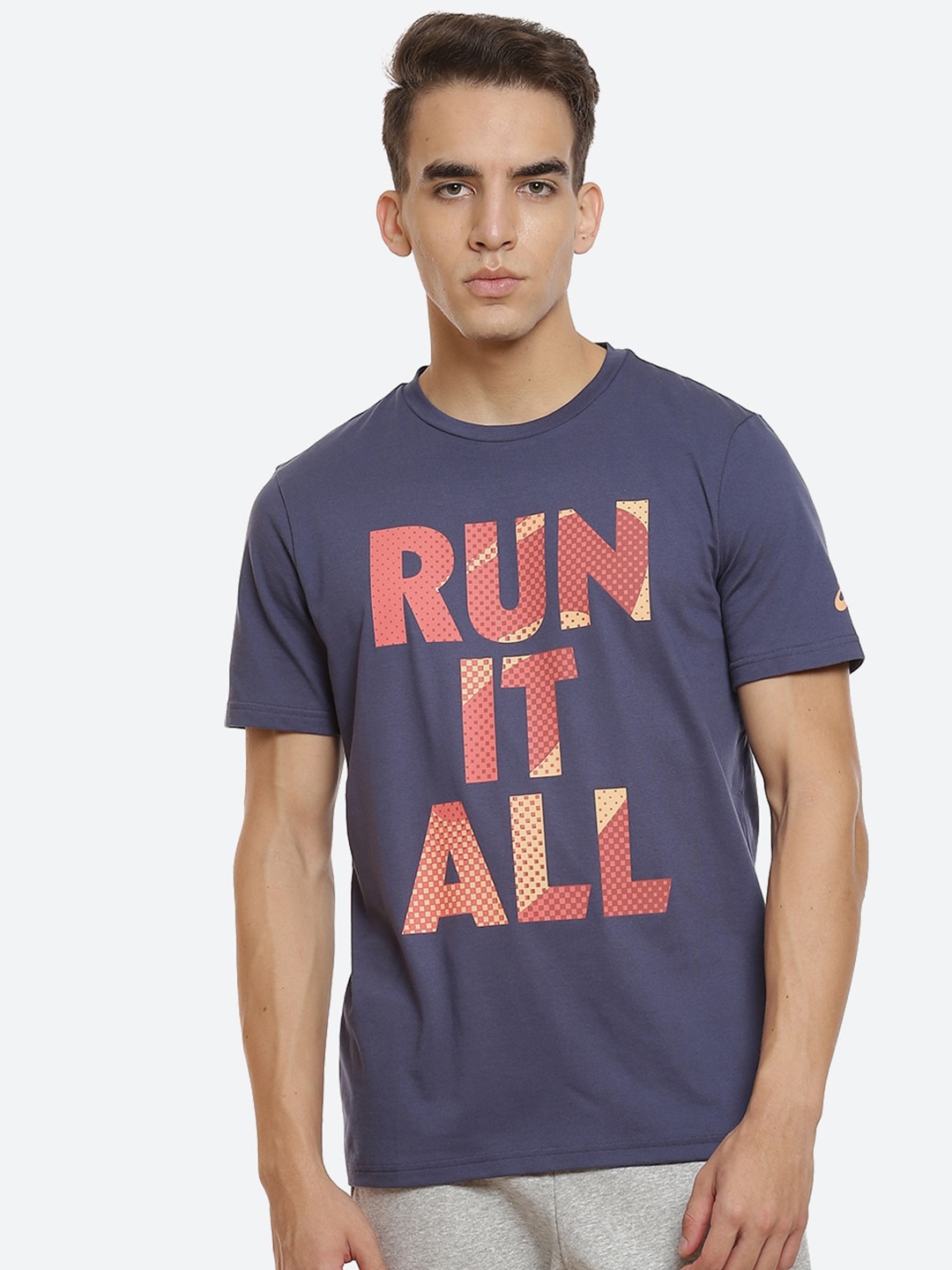 

ASICS Men Blue Pink Typography Printed M HERITAGE FRONT GRAPHIC 1 Training T-shirt