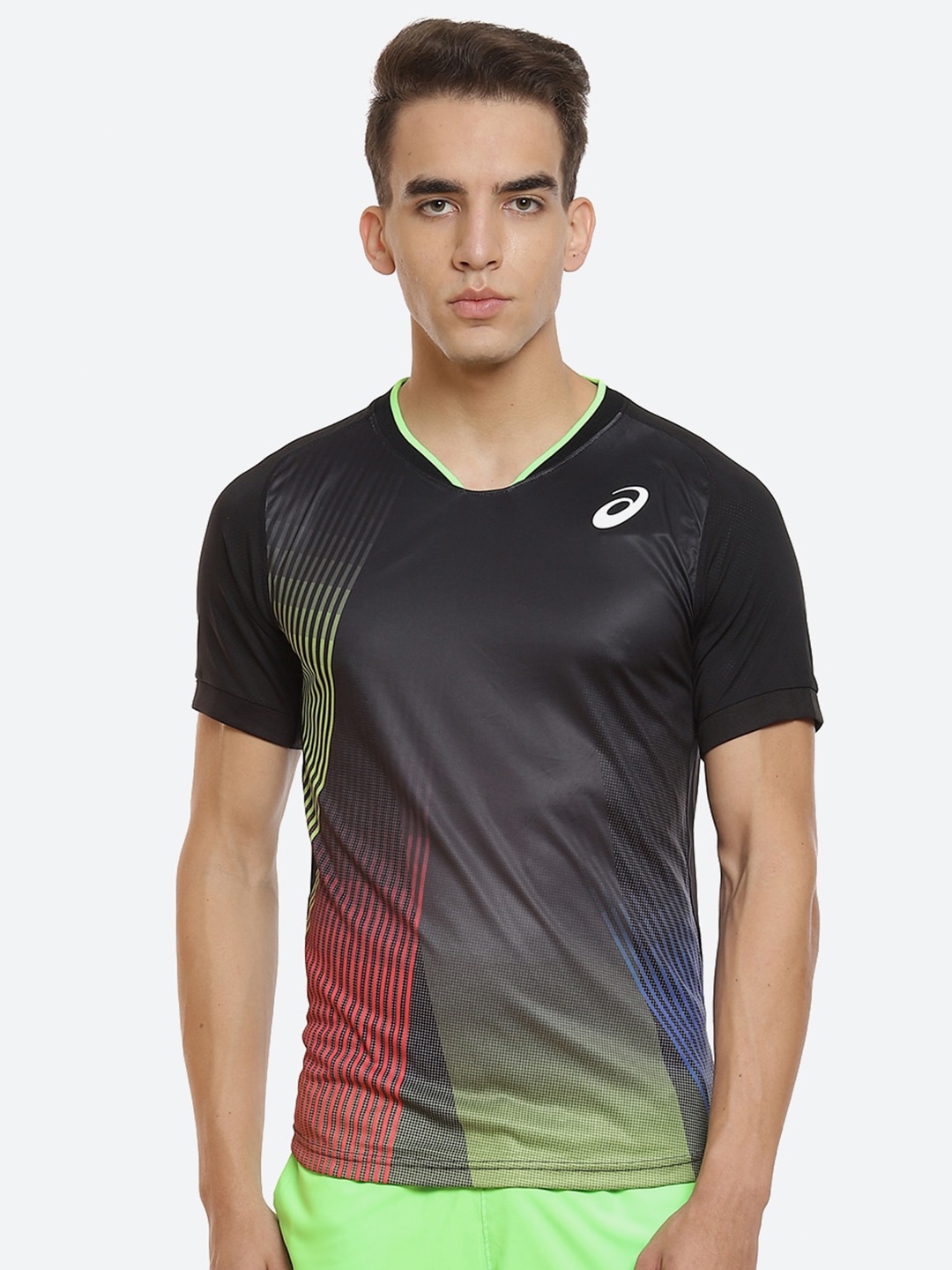 

ASICS Men Black Printed V-Neck Pockets MATCH GRAPHIC SS Tennis T-shirt