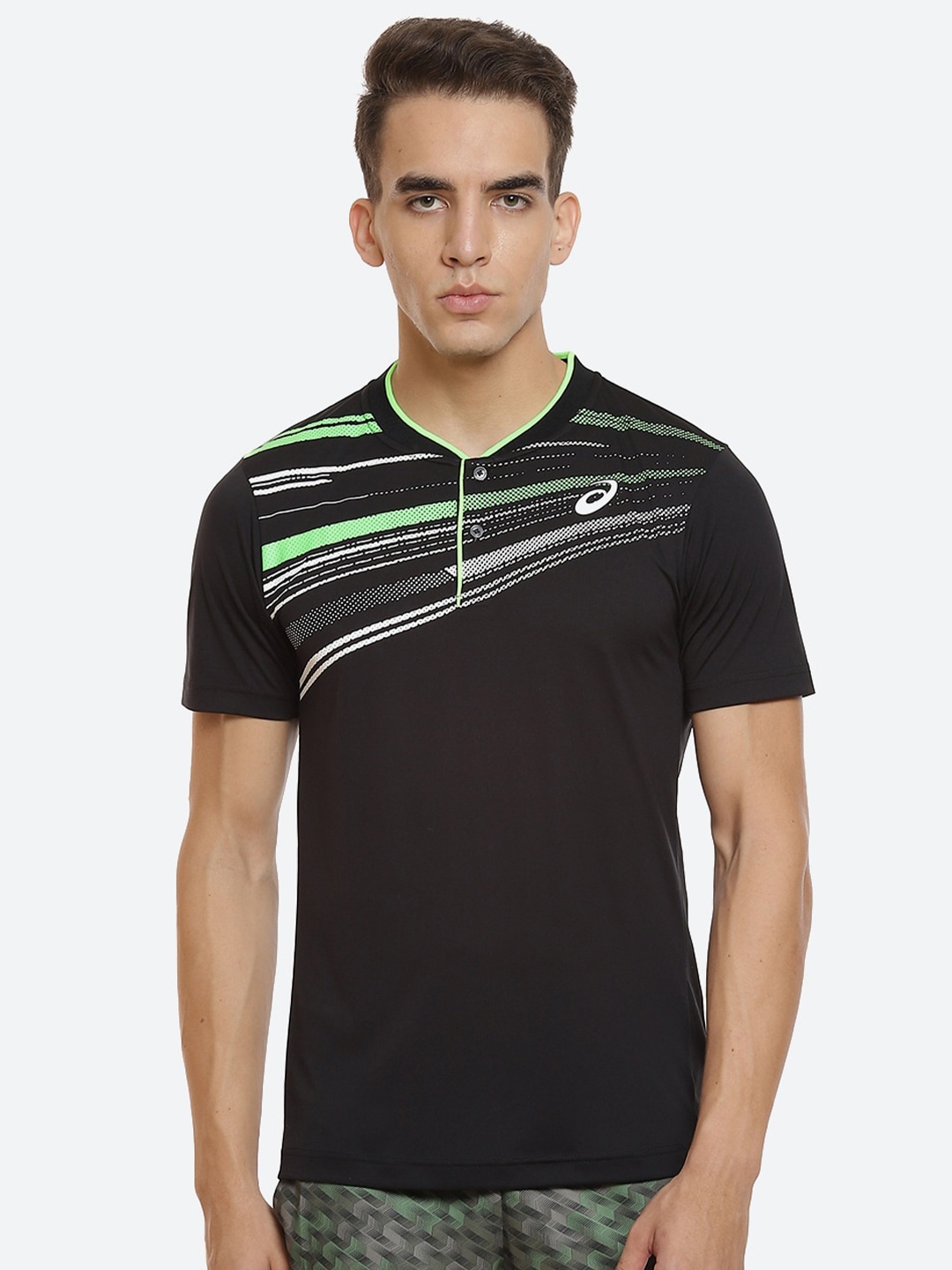 

ASICS Men Black Court Graphic Henley Neck Court Graphic Polo Tennis T-shirt