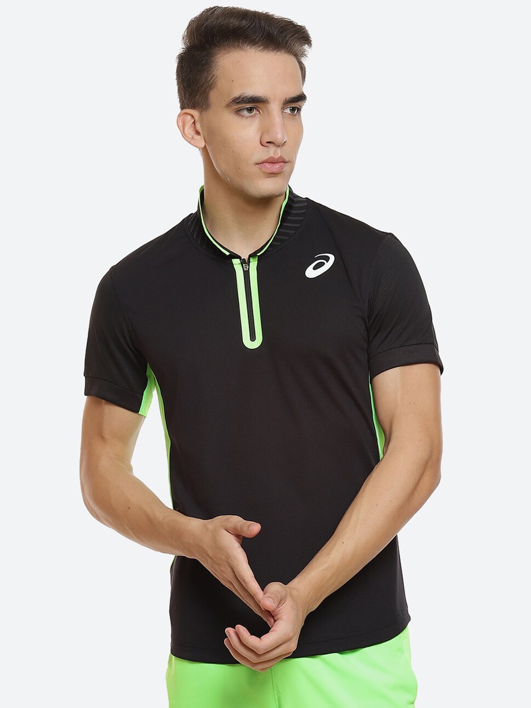 

ASICS Men Black & Fluorescent Green Colourblocked Mandarin Collar Match Tennis T-shirt