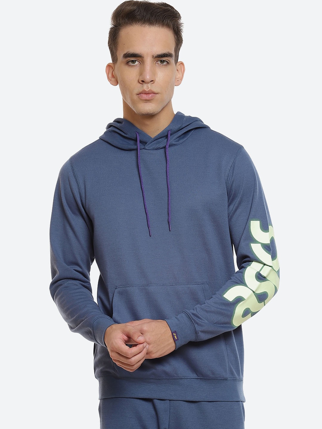 

ASICS Men Blue M Pullover Brand Logo Printed Hooded Sweatshirt