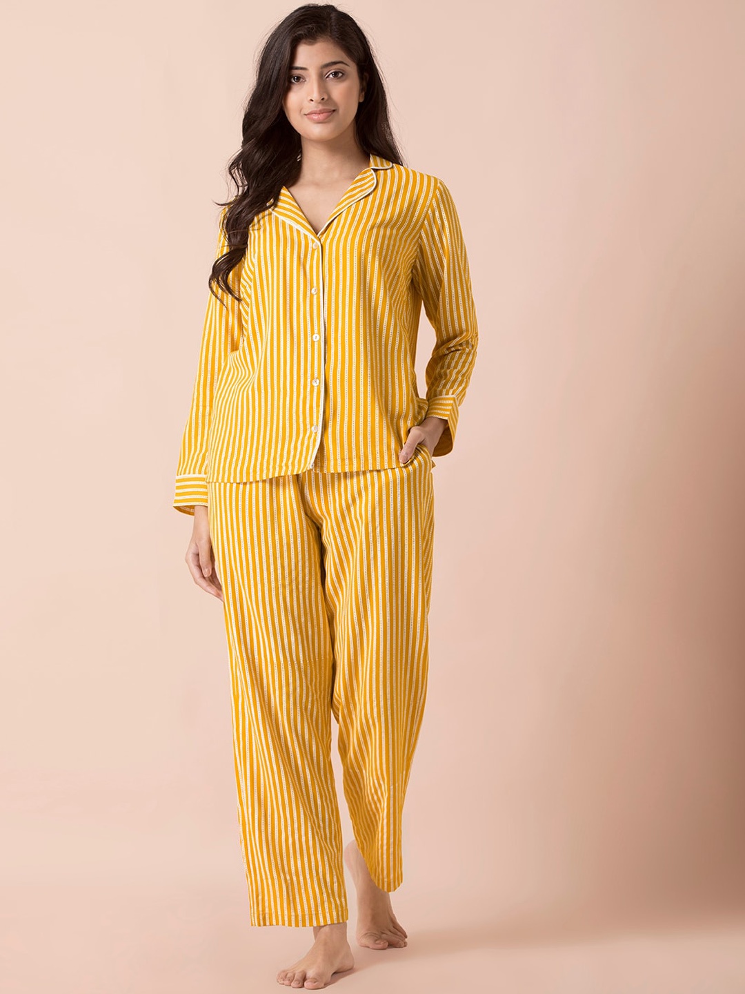 

INDYA Women Yellow & White Striped Night suit