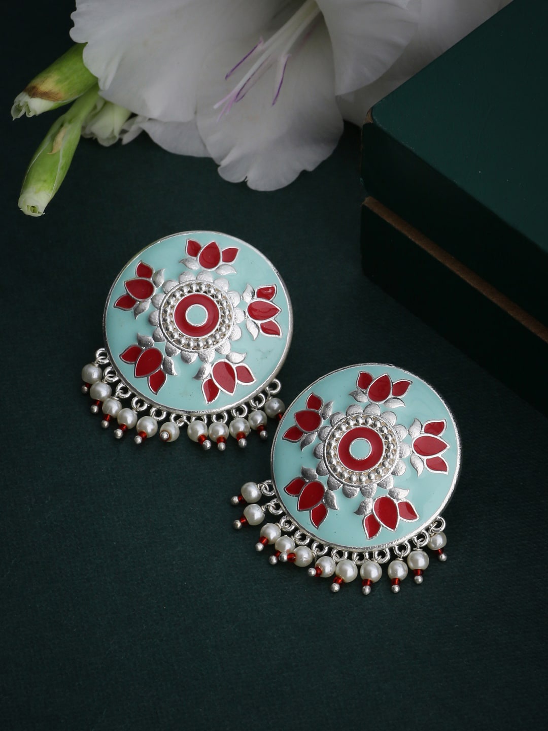 

Voylla Turquoise Blue & Silver-Toned Circular Studs Earrings