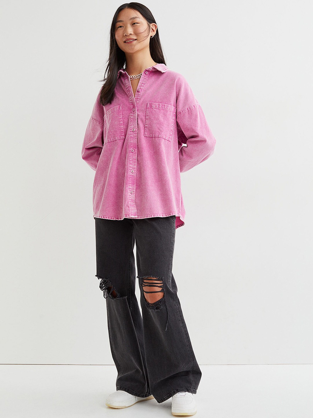 

H&M Women Pink Oversized Corduroy Shirt