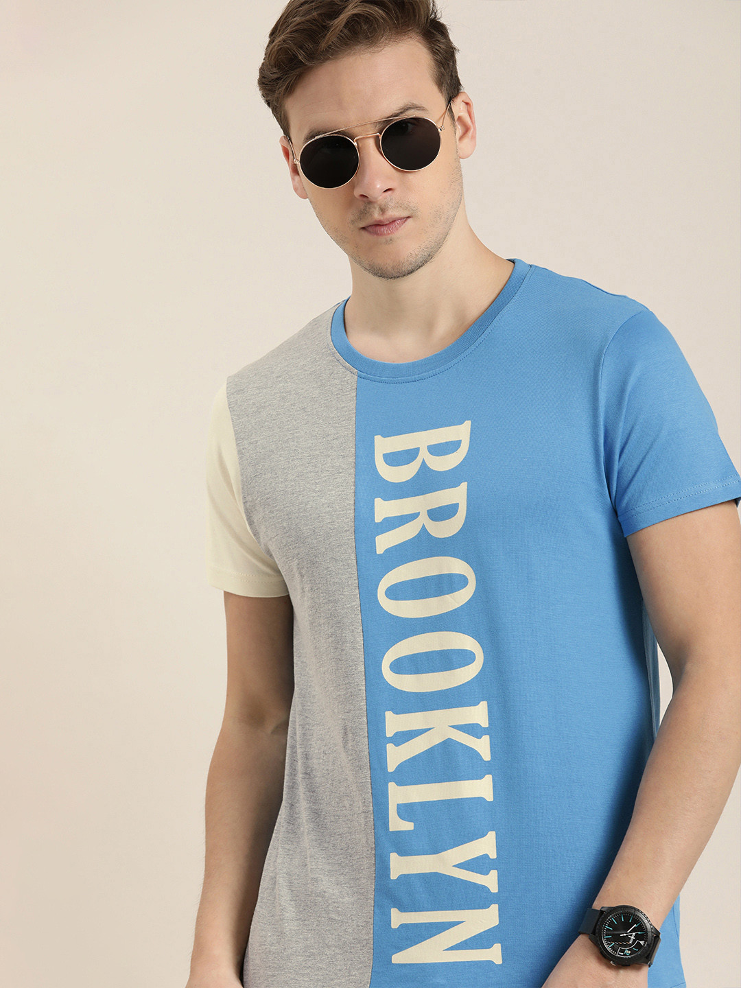 

Moda Rapido Men Blue & Grey Colourblocked And Typography Printed Pure Cotton T-shirt