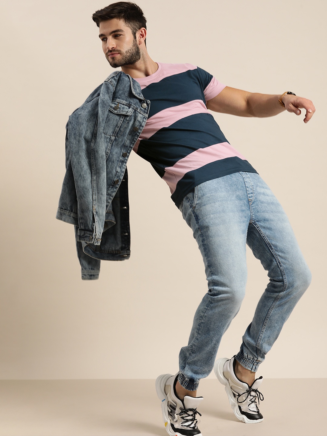 

Moda Rapido Men Pink & Navy Blue Striped Casual T-shirt