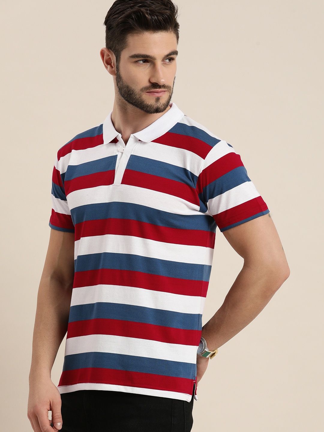 

Moda Rapido Men Red & Teal Blue Striped Polo Collar T-shirt