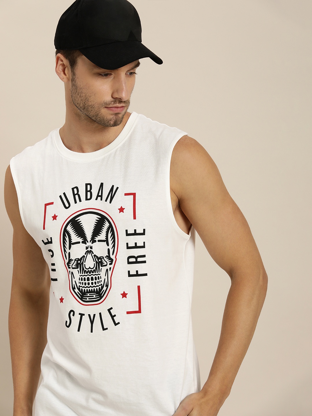 

Moda Rapido Men White Graphic Printed Pure Cotton Sleeveless T-shirt
