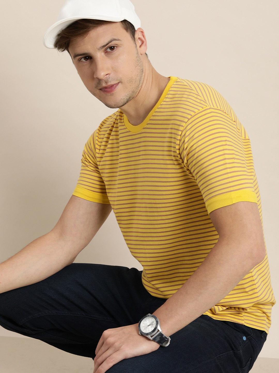 

Moda Rapido Men Yellow & Brown Striped T-shirt