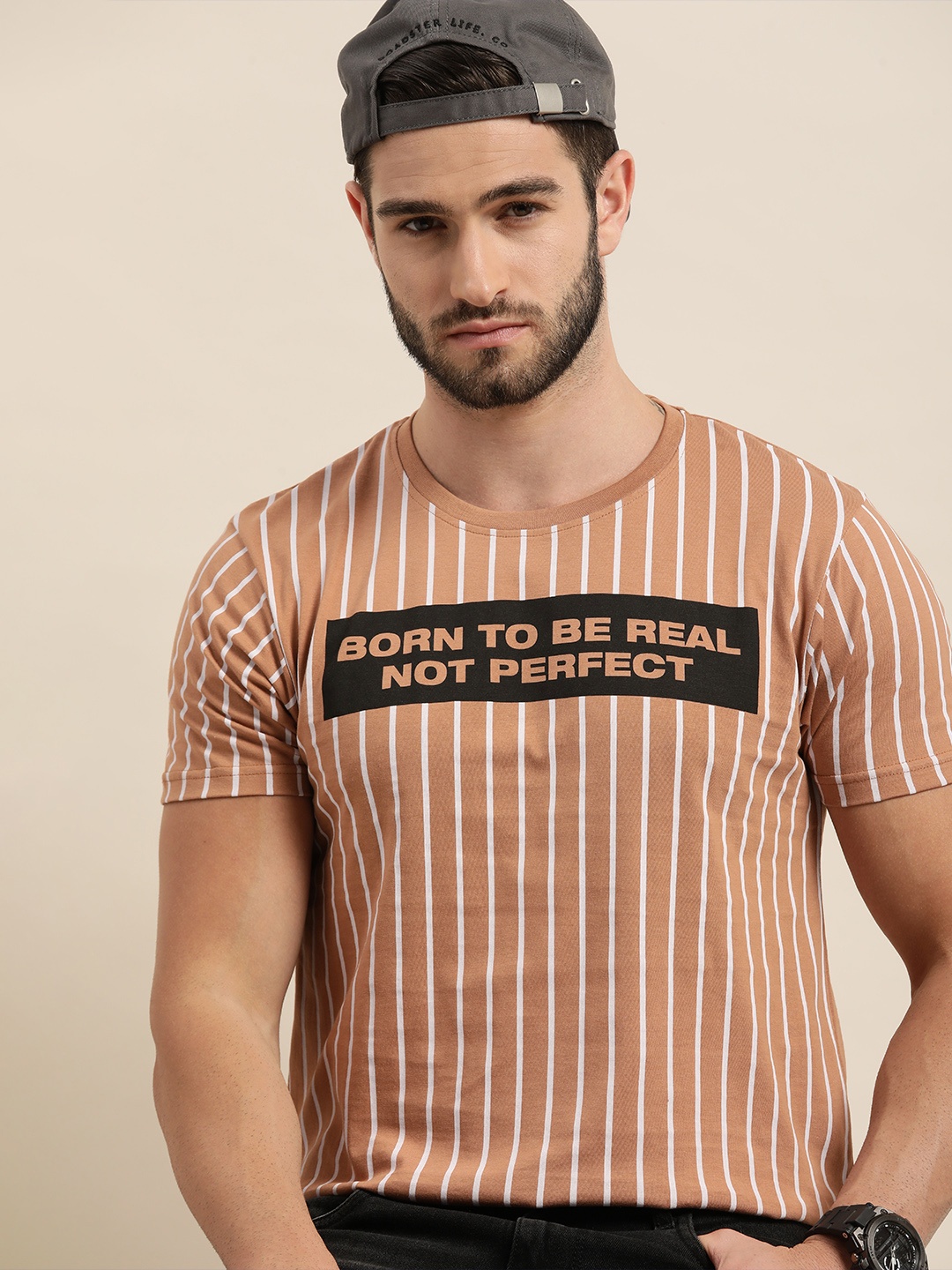 

Moda Rapido Men Brown & White Striped T-shirt