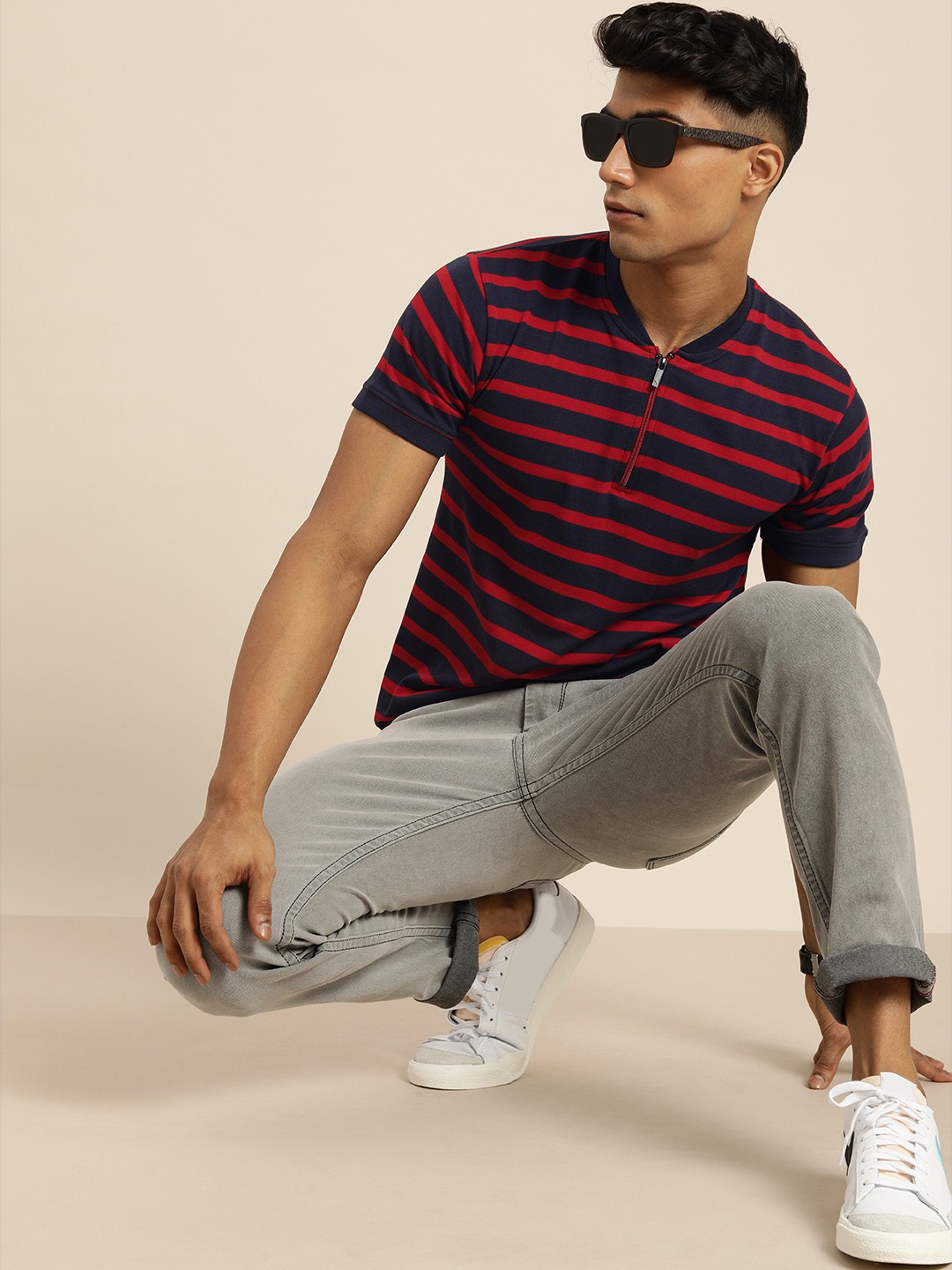 

Moda Rapido Men Navy Blue & Maroon Striped Polo Collar Casual T-shirt