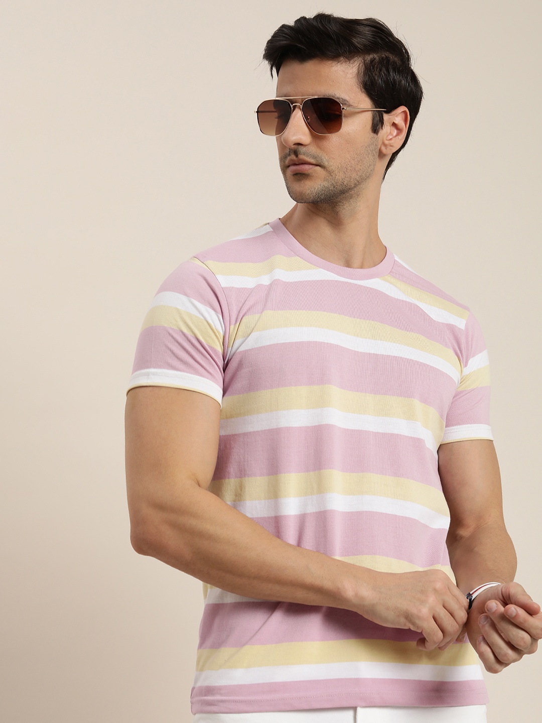 

Moda Rapido Men Pink & Yellow Striped T-shirt