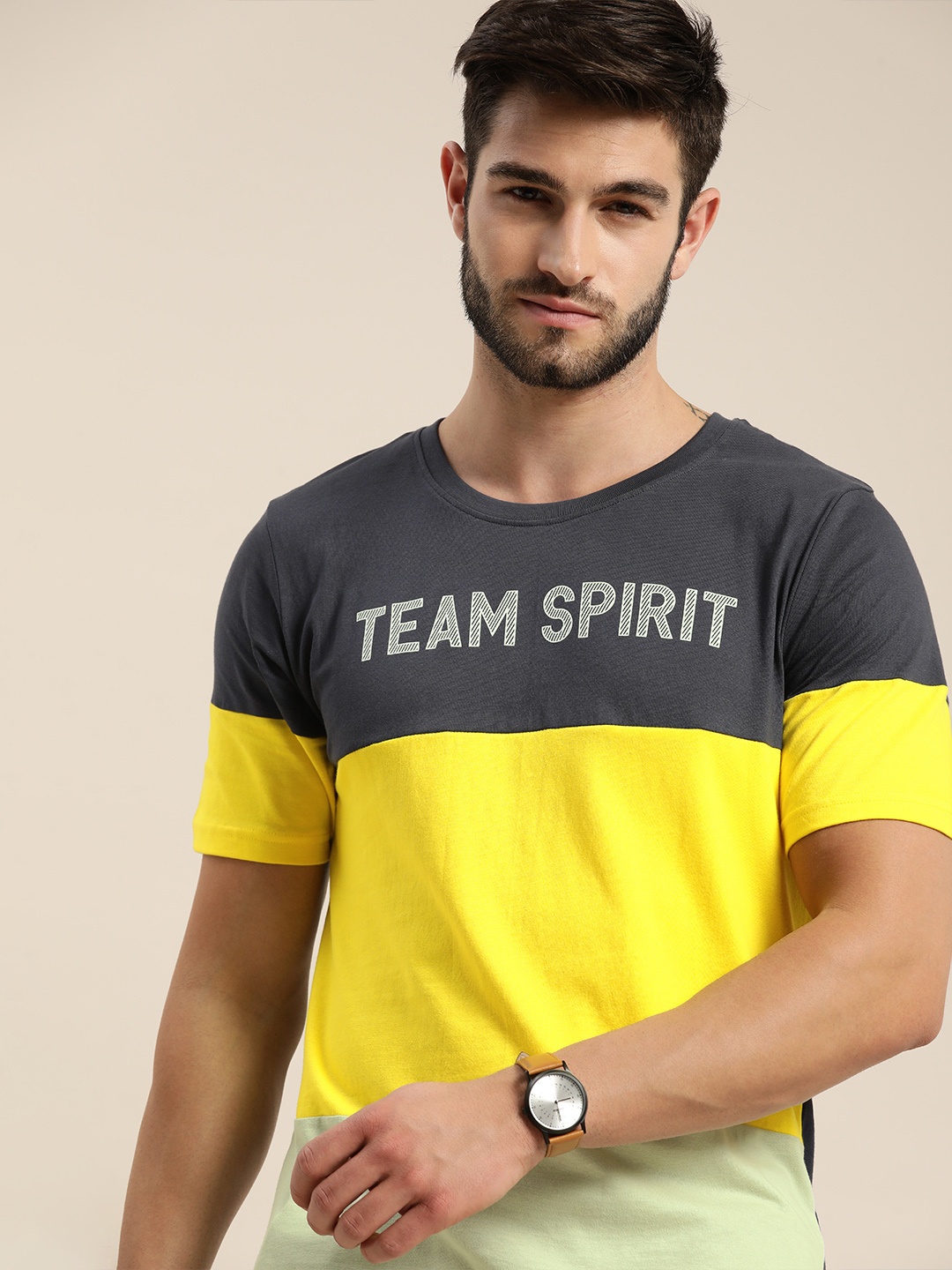 

Moda Rapido Men Yellow & Grey Colourblocked Casual Longline T-shirt