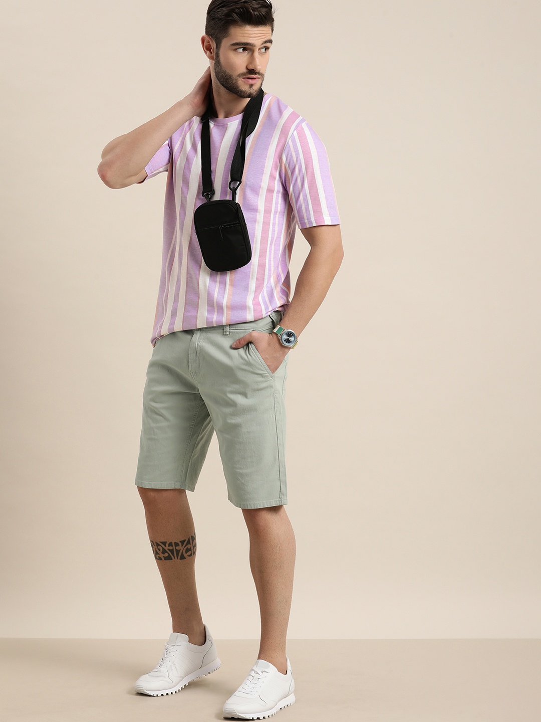

Moda Rapido Men Longline Mauve & White Striped Pure Cotton T-shirt