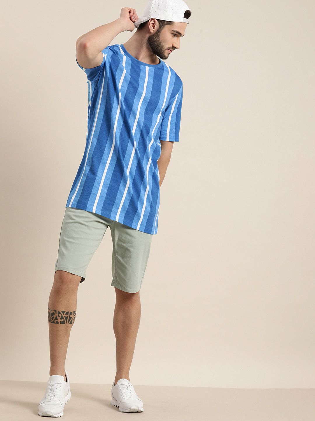 

Moda Rapido Men Longline Blue & White Striped Pure Cotton T-shirt