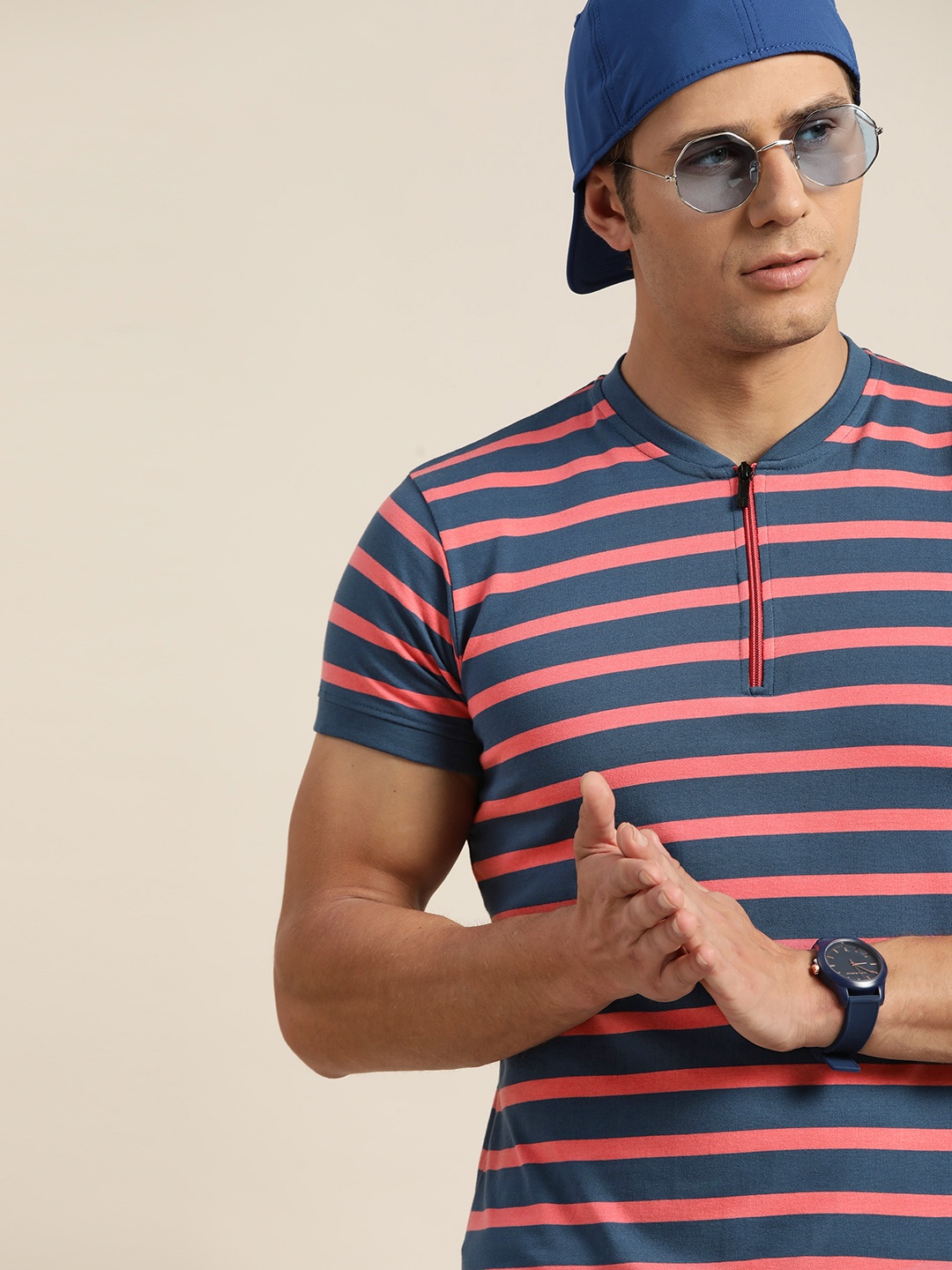 

Moda Rapido Men Navy Blue & Pink Striped Henley Neck T-shirt