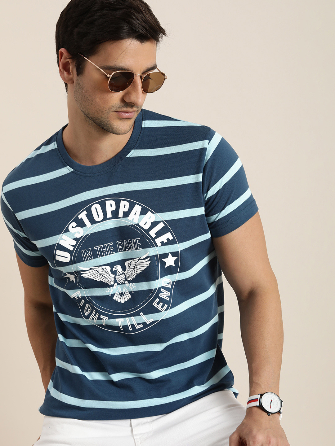 

Moda Rapido Men Navy Blue & White Striped T-shirt
