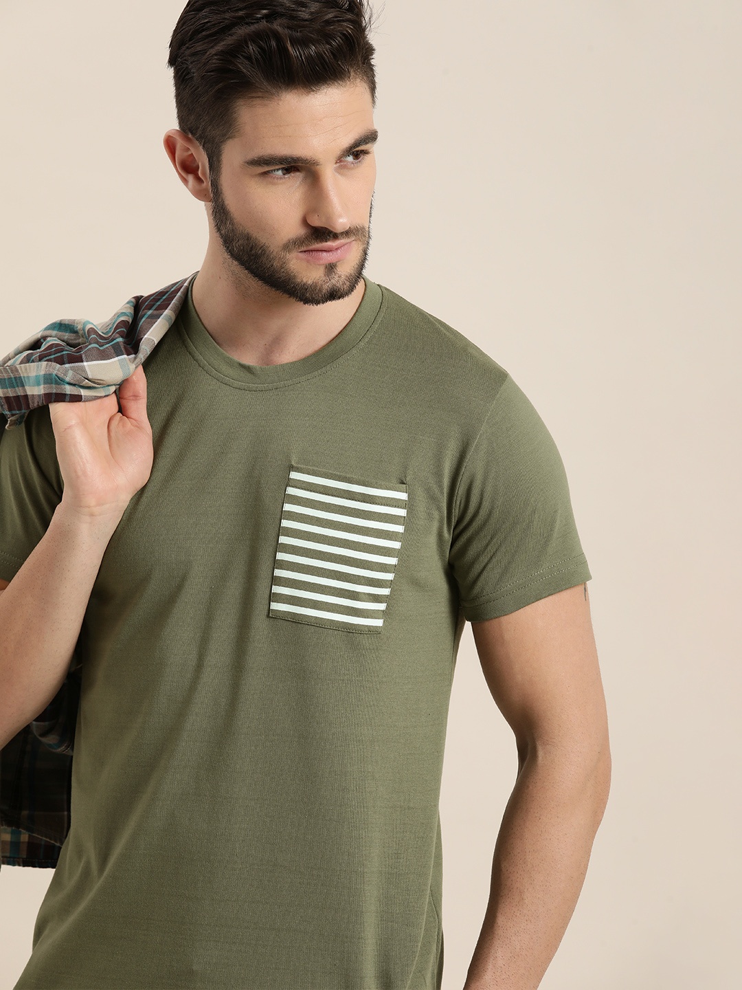 

Moda Rapido Men Olive Green Round-Neck Casual T-shirt With Stripe Printed Pocket