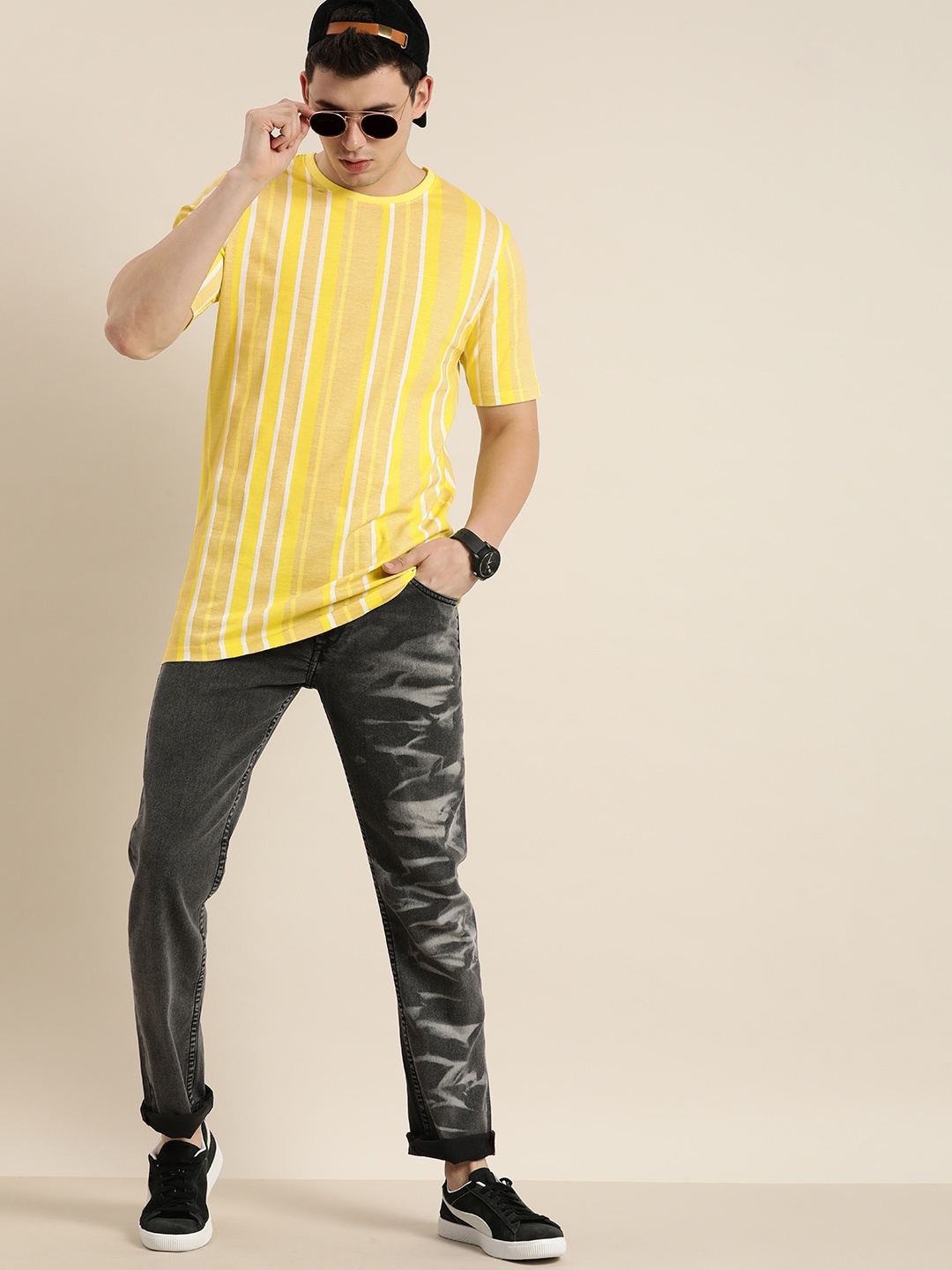 

Moda Rapido Men Yellow & White Striped Longline T-shirt