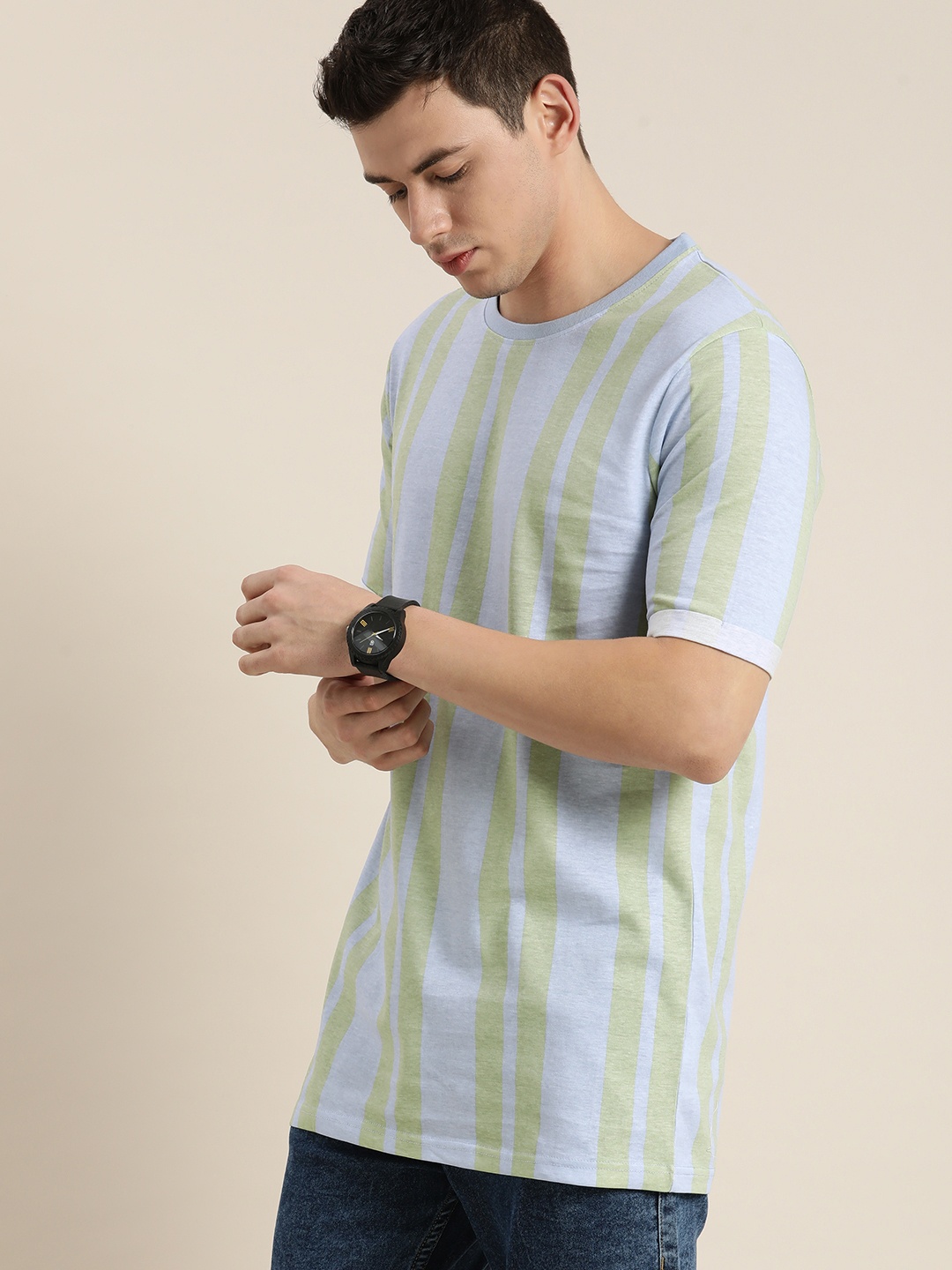 

Moda Rapido Men Blue & Green Striped Longline T-shirt