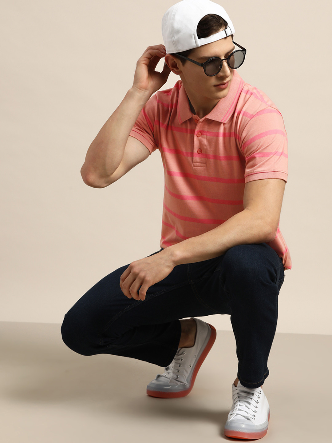 

Moda Rapido Men Pink Striped Polo Collar T-shirt