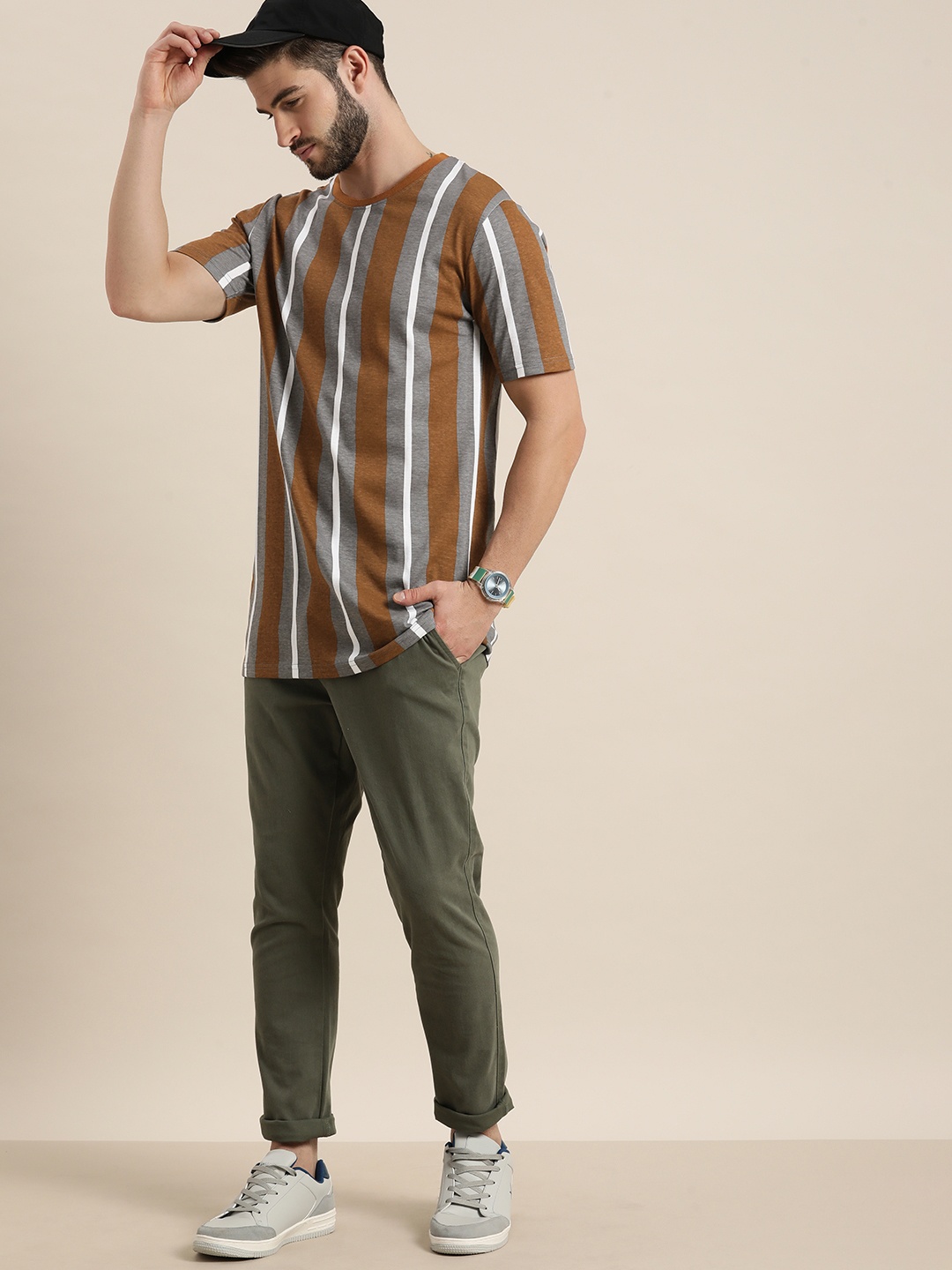 

Moda Rapido Men Longline Grey & Brown Striped Pure Cotton T-shirt