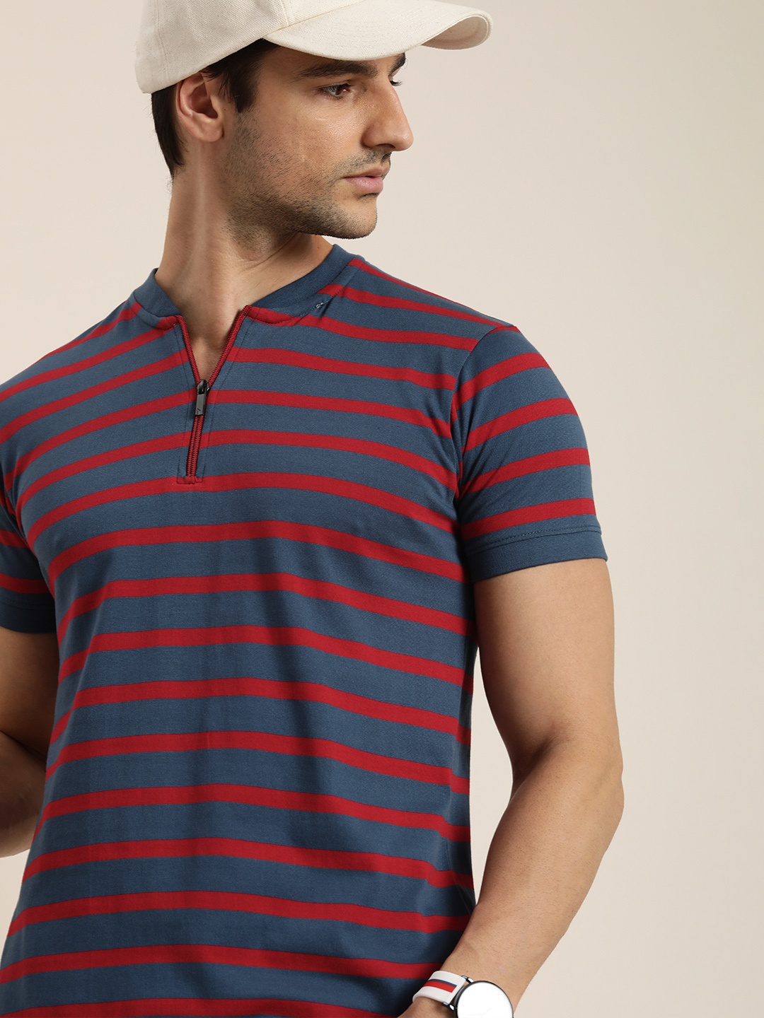 

Moda Rapido Men Blue & Maroon Striped Mandarin Collar T-shirt