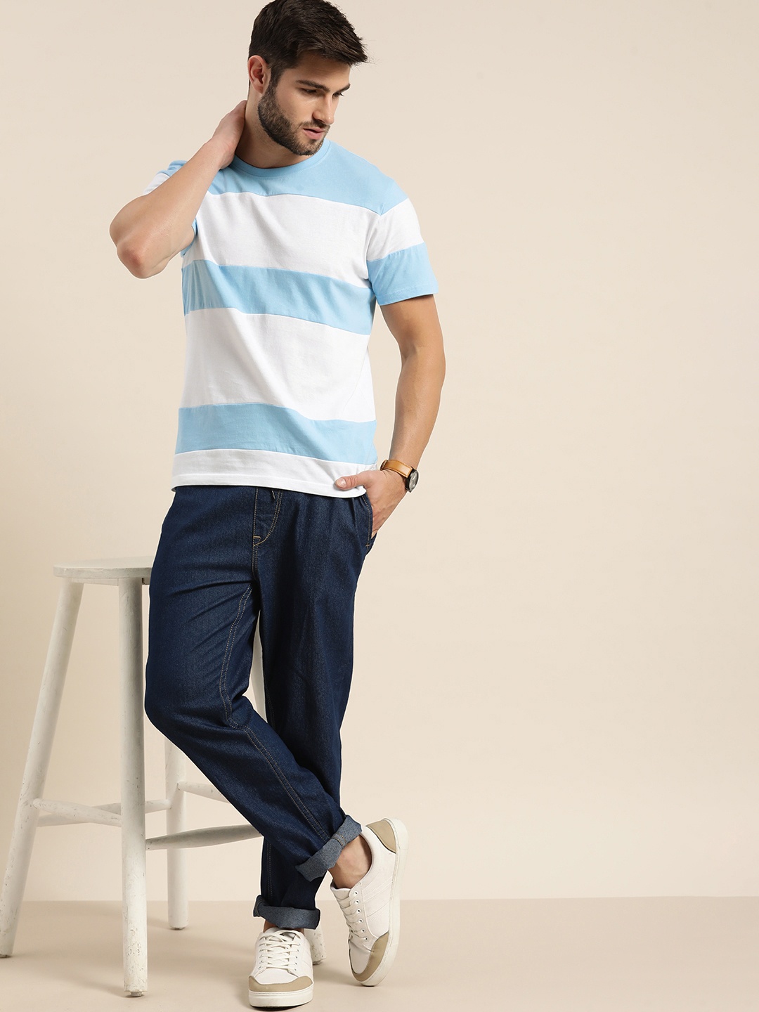 

Moda Rapido Men Turquoise Blue & White Colourblocked Casual T-shirt