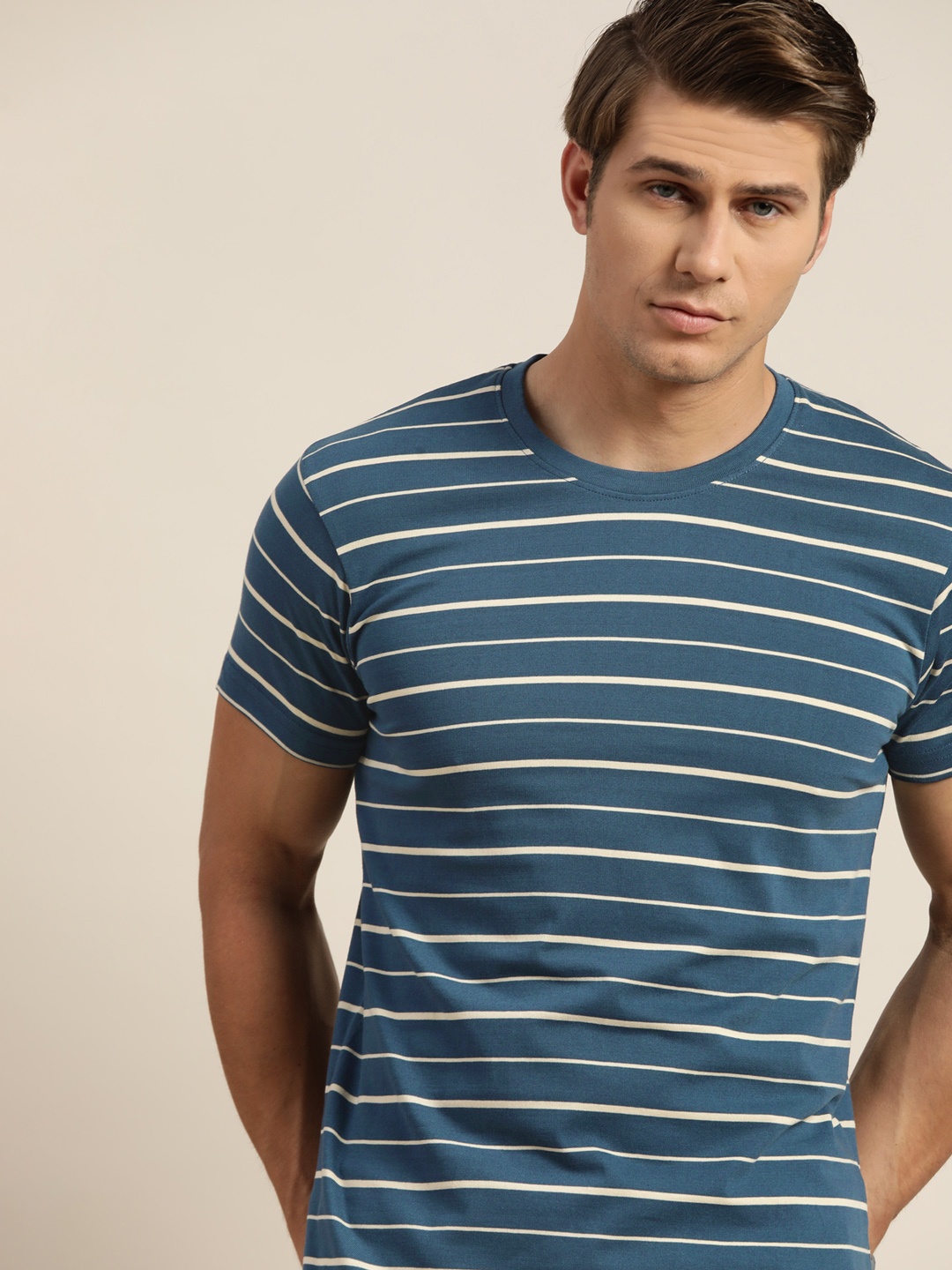

Moda Rapido Men Teal Blue & Cream-Coloured Striped T-shirt