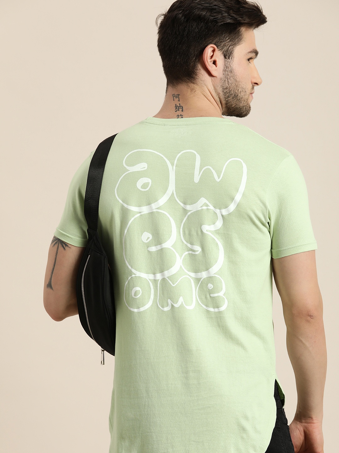 

Moda Rapido Men Green & White Typography Printed High-Low T-shirt