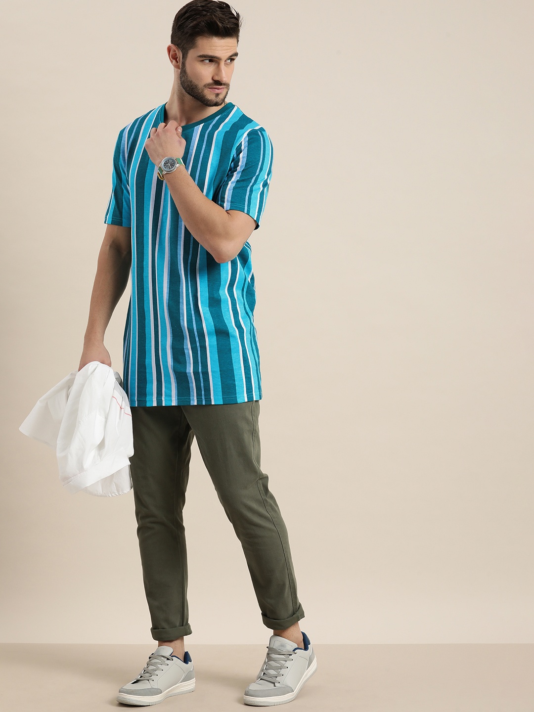 

Moda Rapido Men Longline Teal Green & Blue Striped Pure Cotton T-shirt