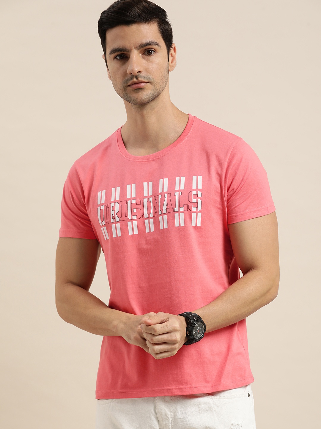 

Moda Rapido Men Pink & White Printed T-shirt