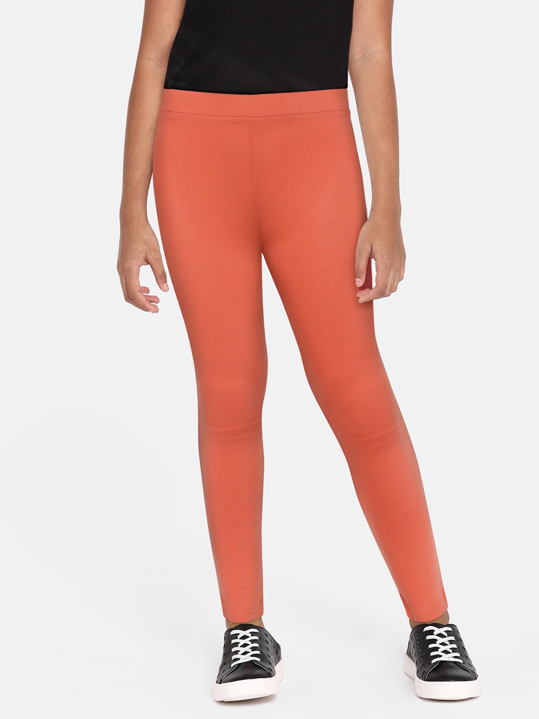 

HERE&NOW Girls Peach-Coloured Solid Ankle-Length Leggings