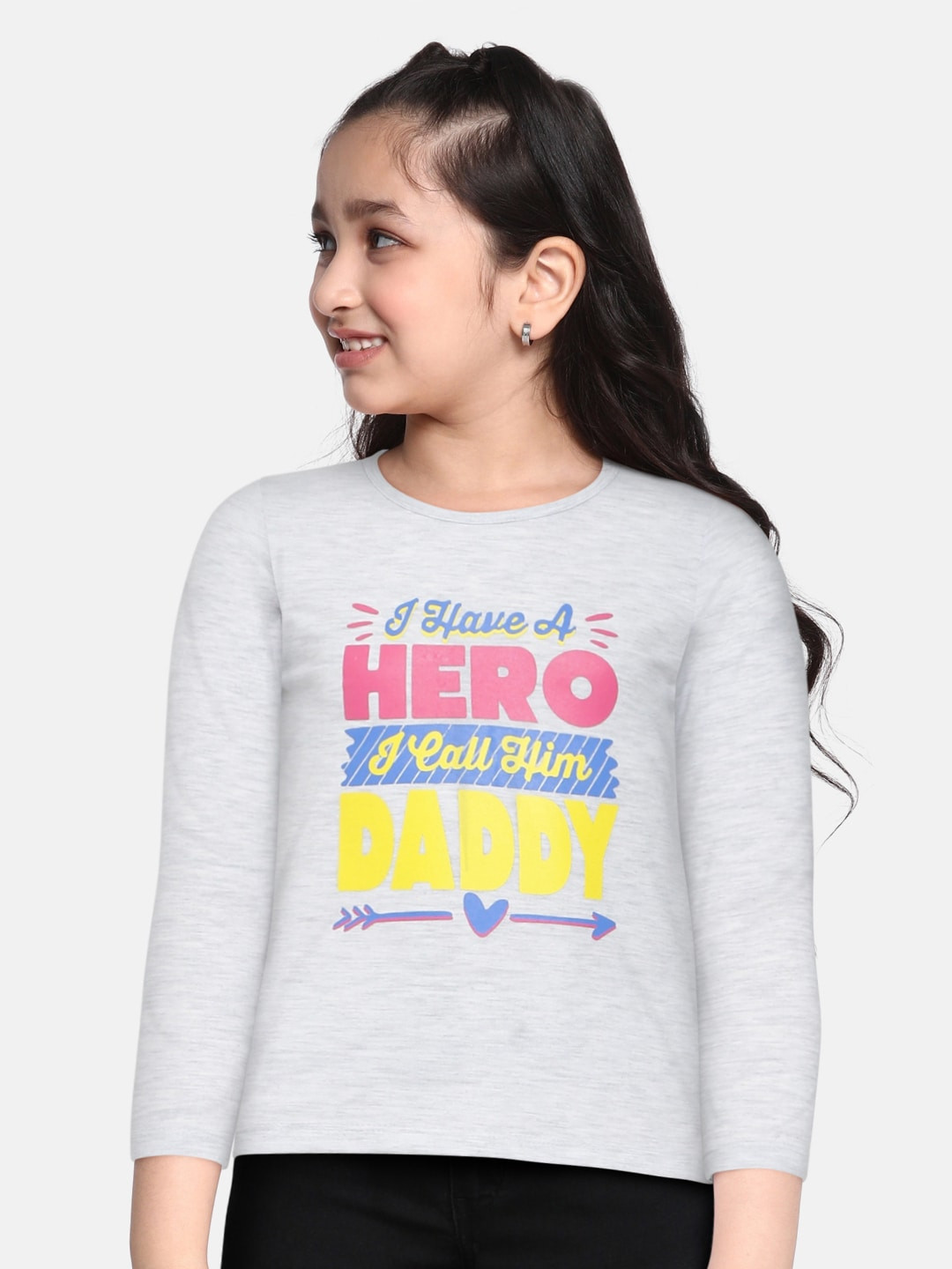 

HERE&NOW Girls Grey Melange Typography Printed Pure Cotton T-shirt