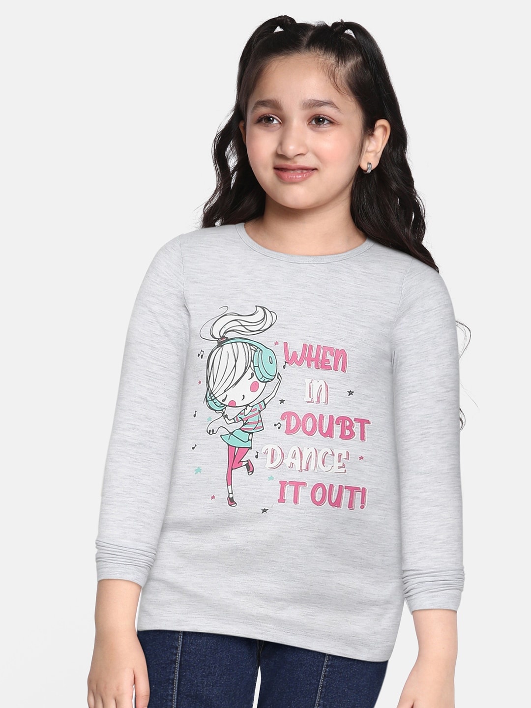 

HERE&NOW Girls Grey Melange Printed Pure Cotton T-shirt