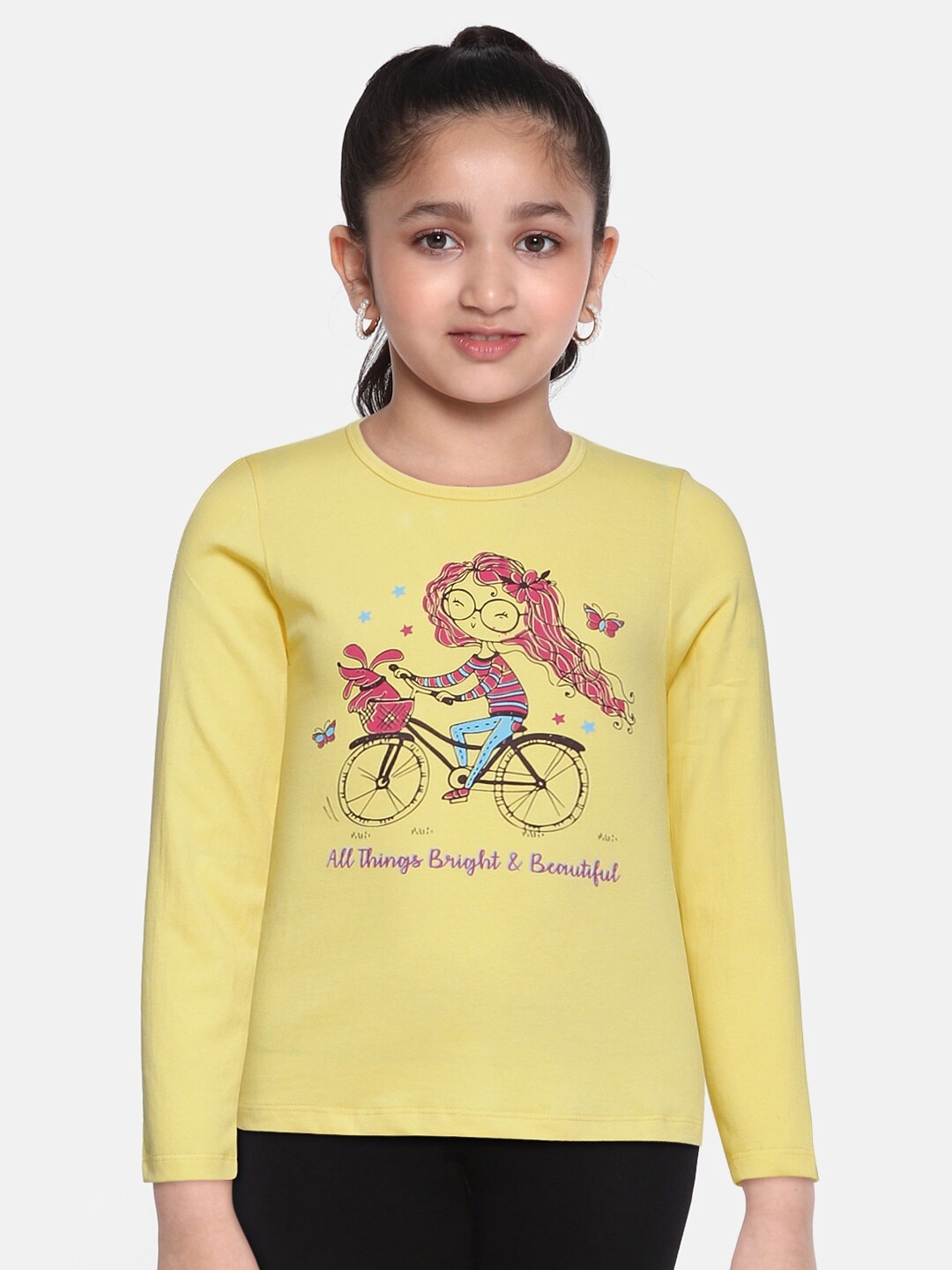 

HERE&NOW Girls Yellow Graphic Printed Round Neck Pure Cotton T-shirt