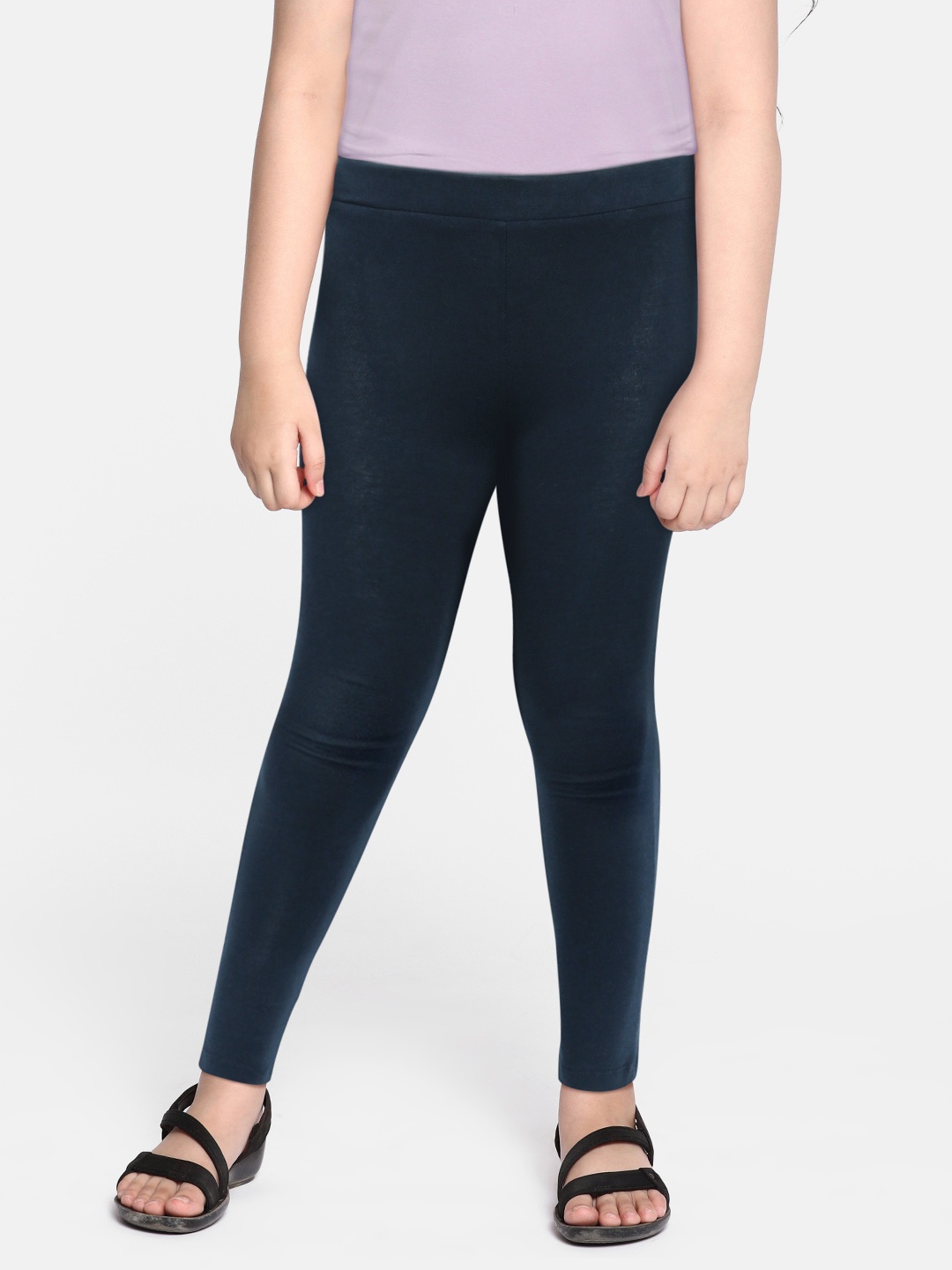 

HERE&NOW Girls Navy Blue Regular Fit Solid Knitted Ankle Length Leggings