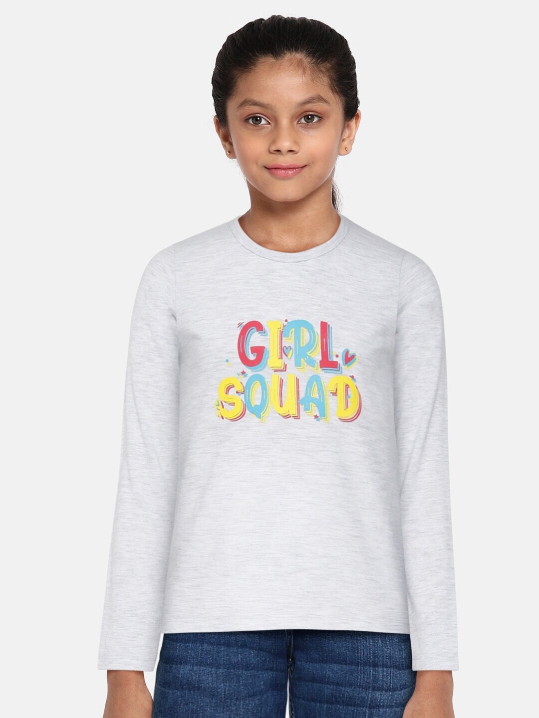 

HERE&NOW Girls Grey Melange Typography Printed Pure Cotton T-shirt