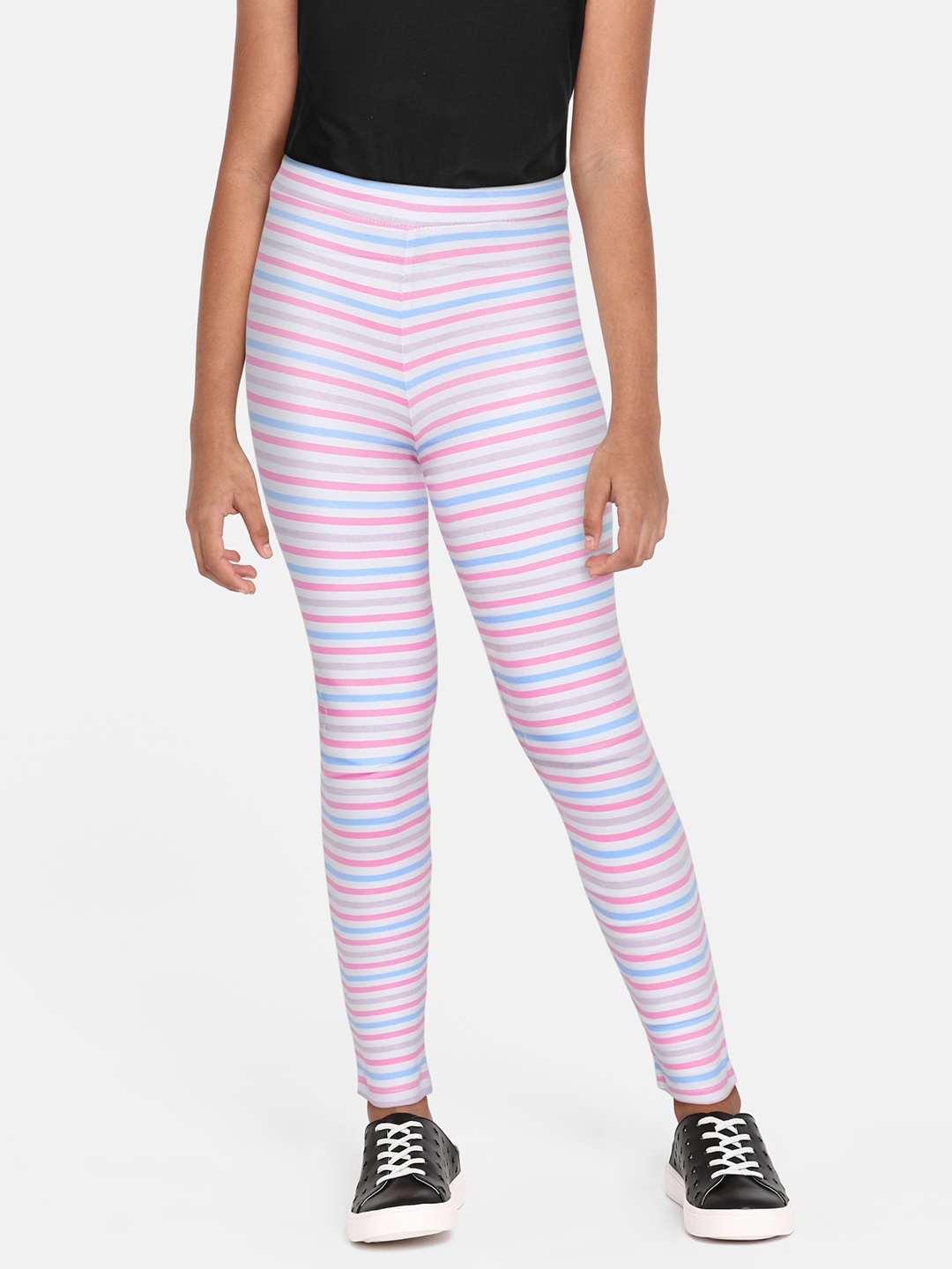 

HERE&NOW Girls White & Pink Striped Ankle-Length Leggings