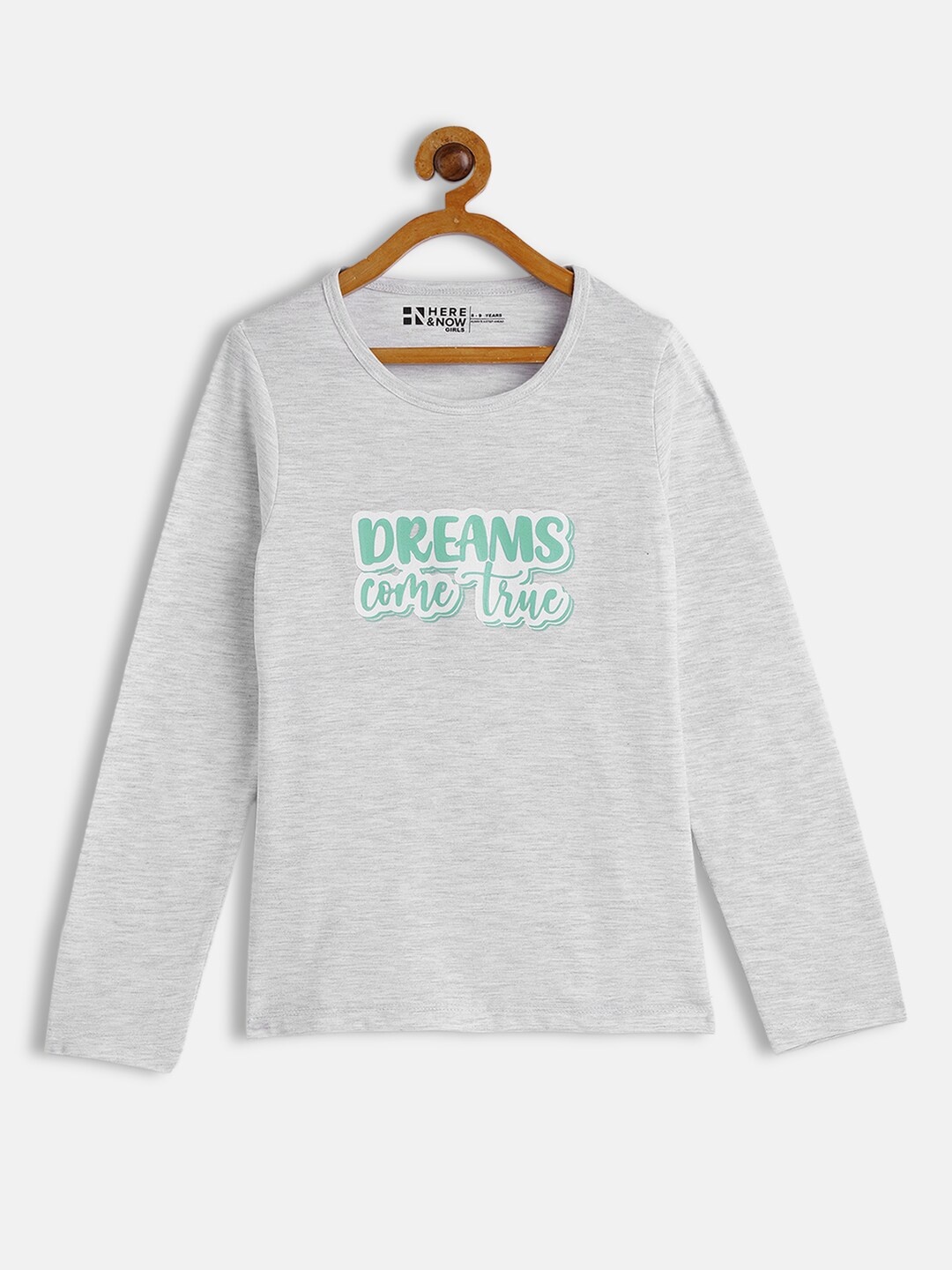 

HERE&NOW Girls Grey Melange Typography Printed Pure Cotton T-shirt