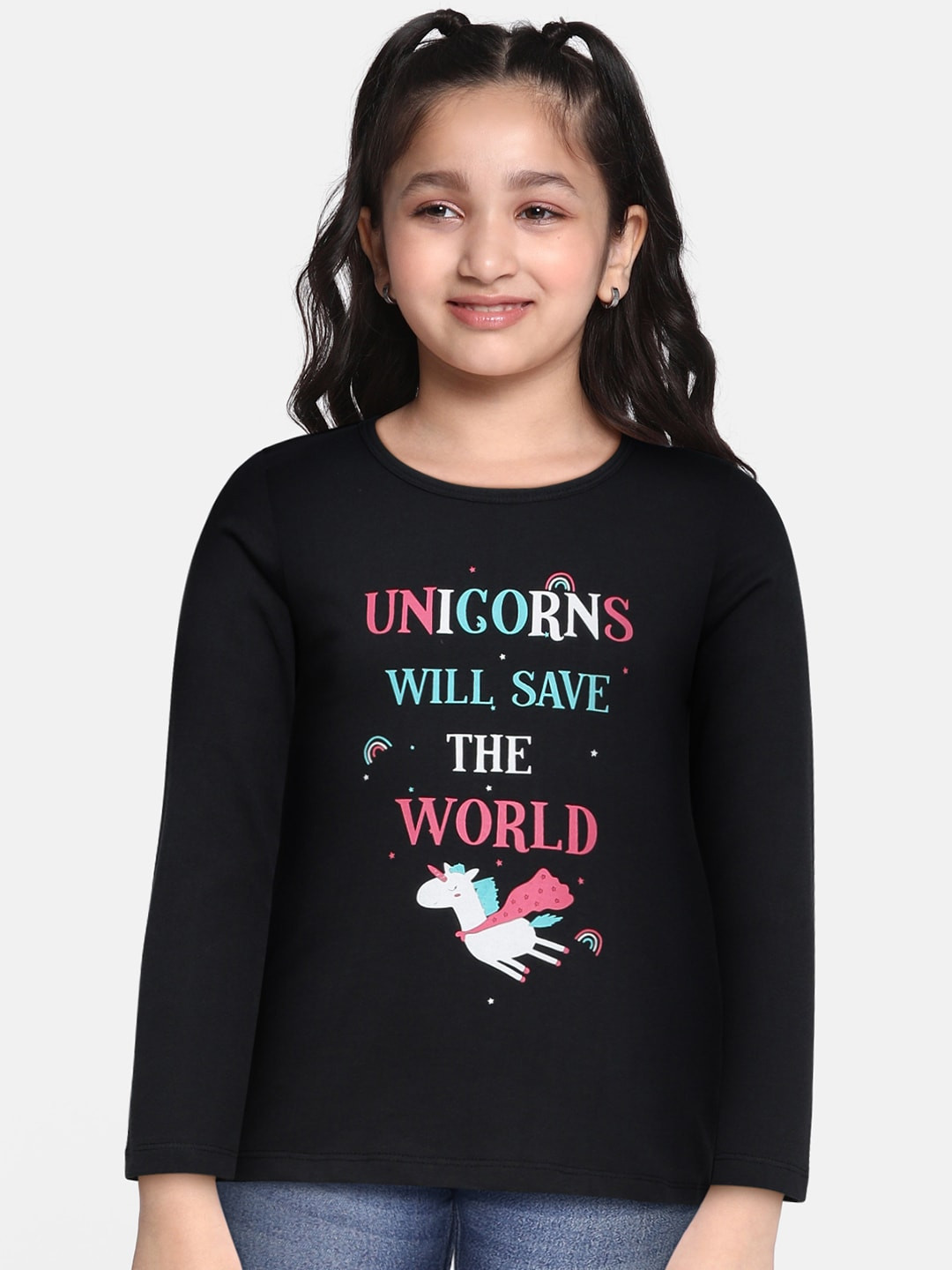 

HERE&NOW Girls Black Typography Printed Round Neck Pure Cotton T-shirt