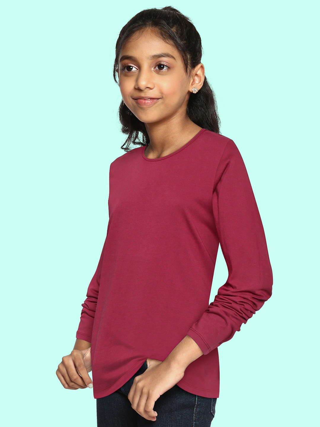 

HERE&NOW Girls Maroon Cotton Solid T-shirt
