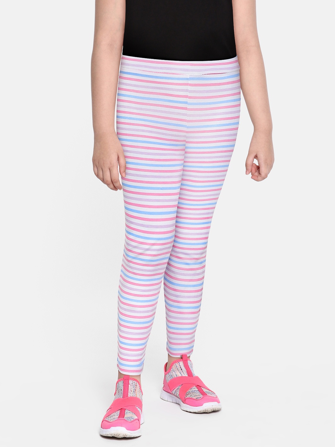 

HERE&NOW Girls White & Pink Striped Ankle-Length Leggings