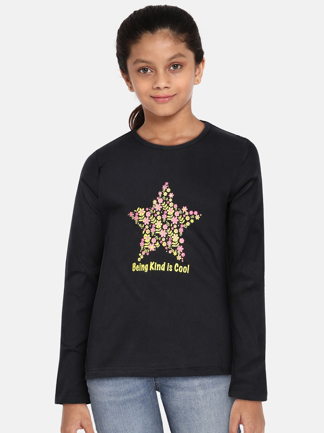 

HERE&NOW Girls Black Printed Pure Cotton T-shirt
